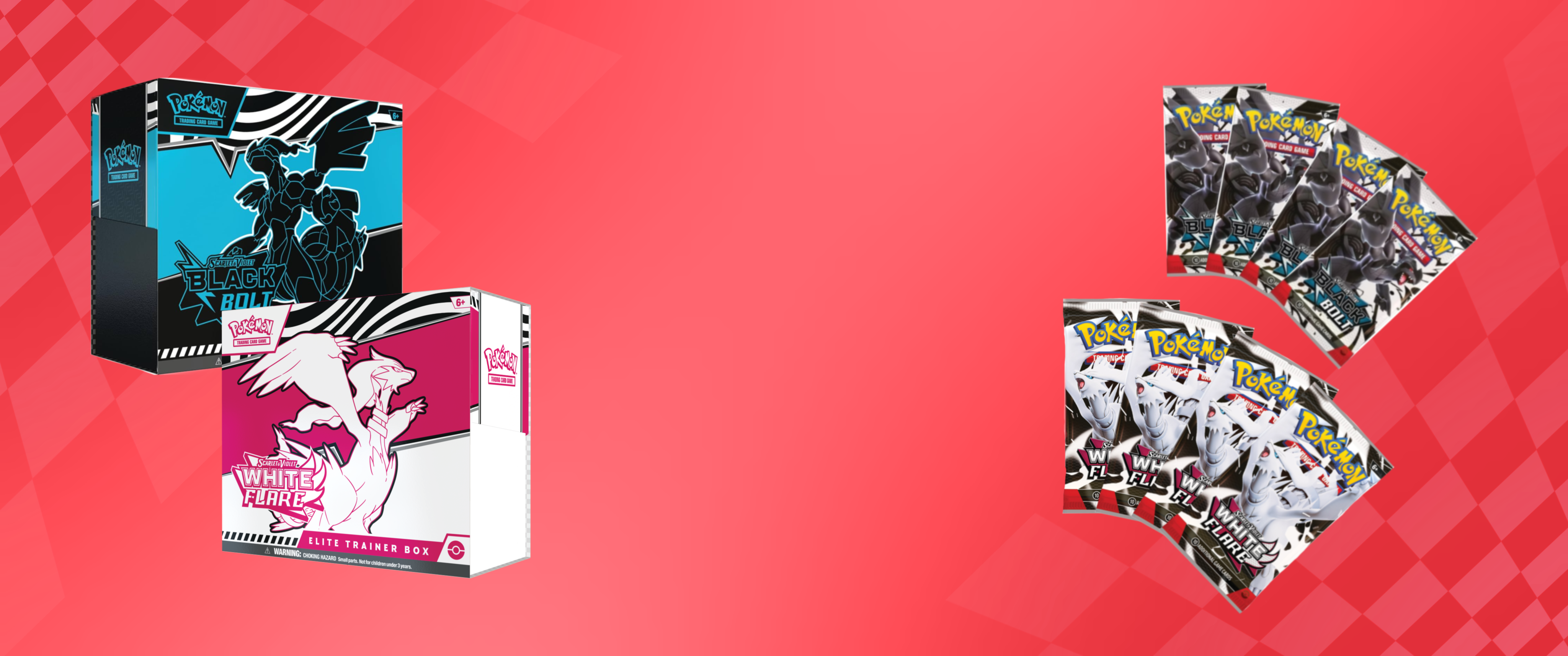 Pokemon Black Bolt and White Flare products showcased on a red background
